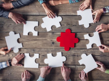 Hipster business successful teamwork concept, business group assembling jigsaw puzzle